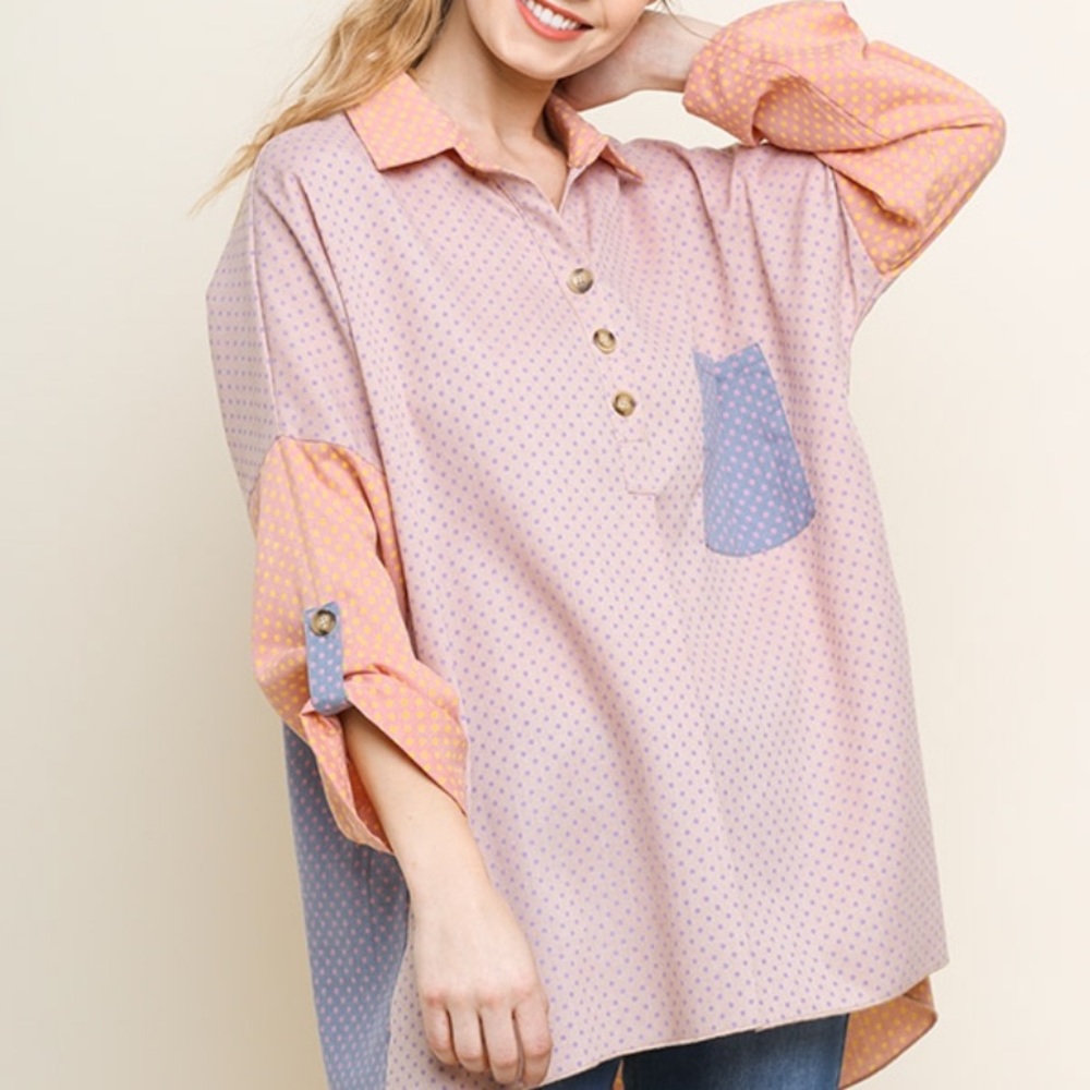Polka dot color block blouse